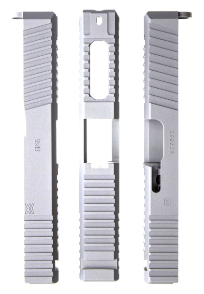 Ported Gripper Slide Cut Machining for Glock Slide by Battle Werx, Glock Front Slide Serrations, Enhanced Glock Rear Slide Serrations, 45 degree corner chamfers. Top Glock slide serrations, Top slide port.