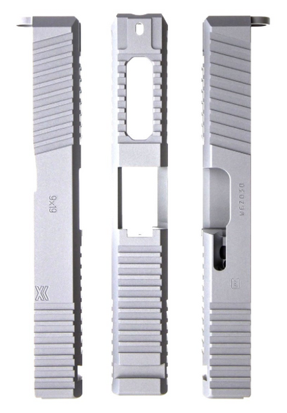 Ported Gripper Slide Cut Machining for Glock Slide by Battle Werx, Glock Front Slide Serrations, Enhanced Glock Rear Slide Serrations, 45 degree corner chamfers. Top Glock slide serrations, Top slide port.