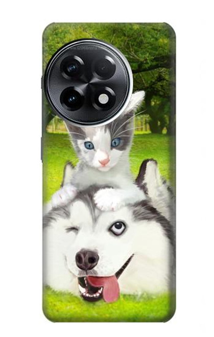 W3795 Kitten Cat Playful Siberian Husky Dog Paint Funda Carcasa Case y Caso Del Tirón Funda para OnePlus 11R