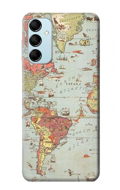 W3418 Vintage World Map Funda Carcasa Case y Caso Del Tirón Funda para Samsung Galaxy M14