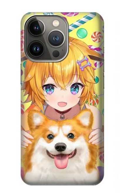 W3918 Baby Corgi Dog Corgi Girl Candy Funda Carcasa Case y Caso Del Tirón Funda para iPhone 14 Pro Max