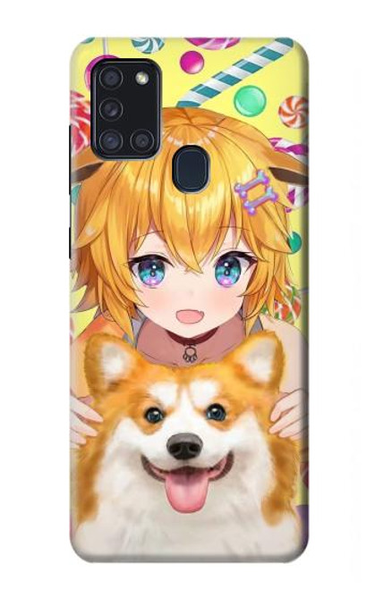 W3918 Baby Corgi Dog Corgi Girl Candy Funda Carcasa Case y Caso Del Tirón Funda para Samsung Galaxy A21s