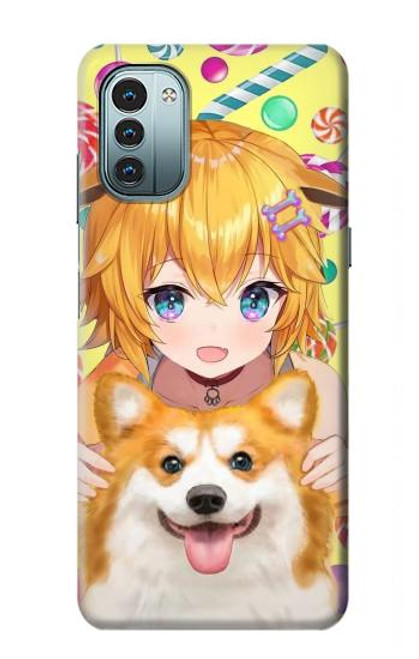 W3918 Baby Corgi Dog Corgi Girl Candy Funda Carcasa Case y Caso Del Tirón Funda para Nokia G11, G21