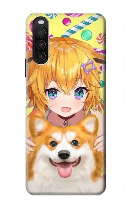 W3918 Baby Corgi Dog Corgi Girl Candy Funda Carcasa Case y Caso Del Tirón Funda para Sony Xperia 10 III