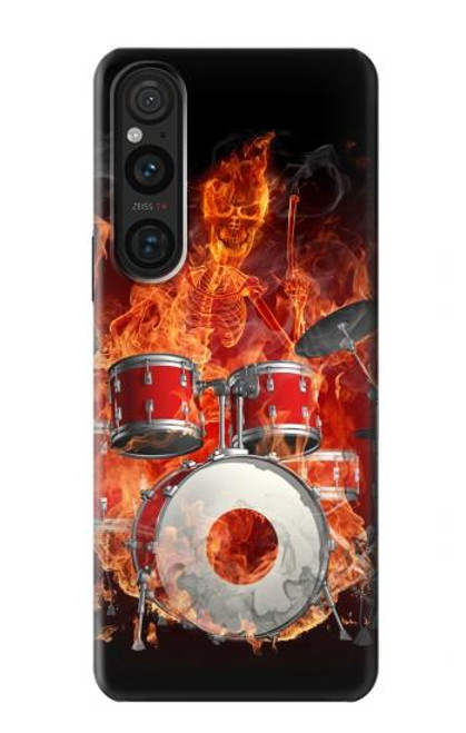 W1431 Skull Drum Fire Rock Funda Carcasa Case y Caso Del Tirón Funda para Sony Xperia 1 V