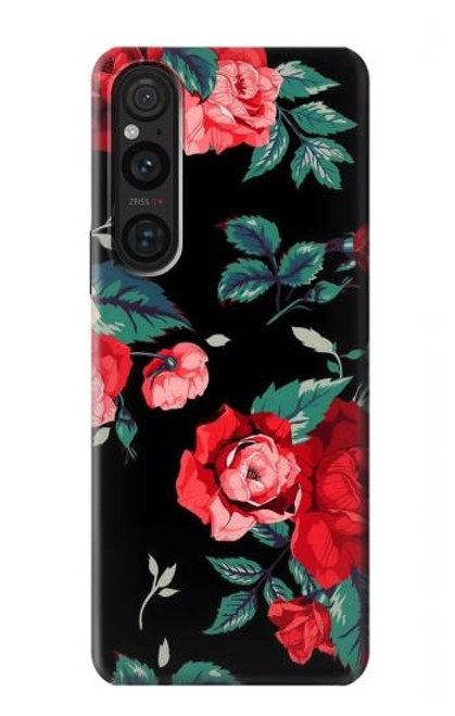 W3112 Rose Floral Pattern Black Funda Carcasa Case y Caso Del Tirón Funda para Sony Xperia 1 V