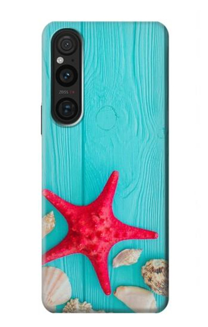 W3428 Aqua Wood Starfish Shell Funda Carcasa Case y Caso Del Tirón Funda para Sony Xperia 1 V