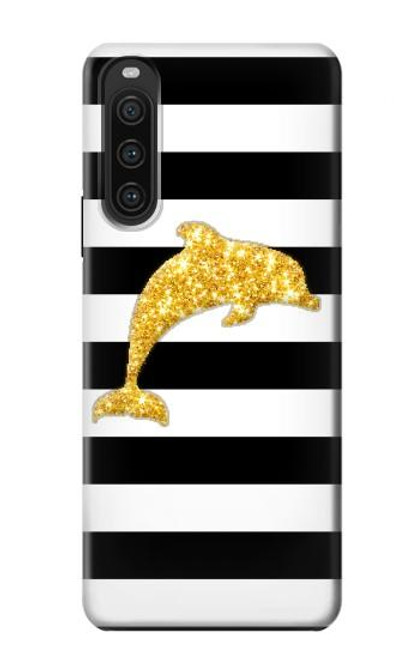 W2882 Black and White Striped Gold Dolphin Funda Carcasa Case y Caso Del Tirón Funda para Sony Xperia 10 V