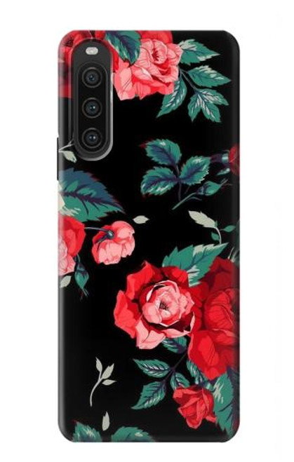 W3112 Rose Floral Pattern Black Funda Carcasa Case y Caso Del Tirón Funda para Sony Xperia 10 V