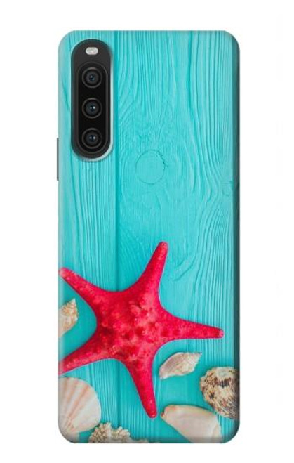 W3428 Aqua Wood Starfish Shell Funda Carcasa Case y Caso Del Tirón Funda para Sony Xperia 10 V