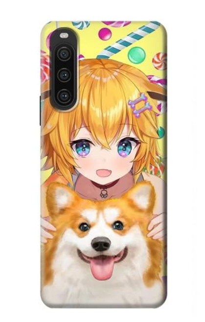 W3918 Baby Corgi Dog Corgi Girl Candy Funda Carcasa Case y Caso Del Tirón Funda para Sony Xperia 10 V