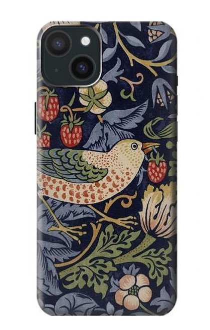 W3791 William Morris Strawberry Thief Fabric Funda Carcasa Case y Caso Del Tirón Funda para iPhone 15 Plus