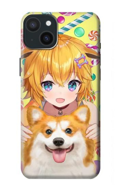 W3918 Baby Corgi Dog Corgi Girl Candy Funda Carcasa Case y Caso Del Tirón Funda para iPhone 15 Plus