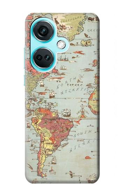 W3418 Vintage World Map Funda Carcasa Case y Caso Del Tirón Funda para OnePlus Nord CE3