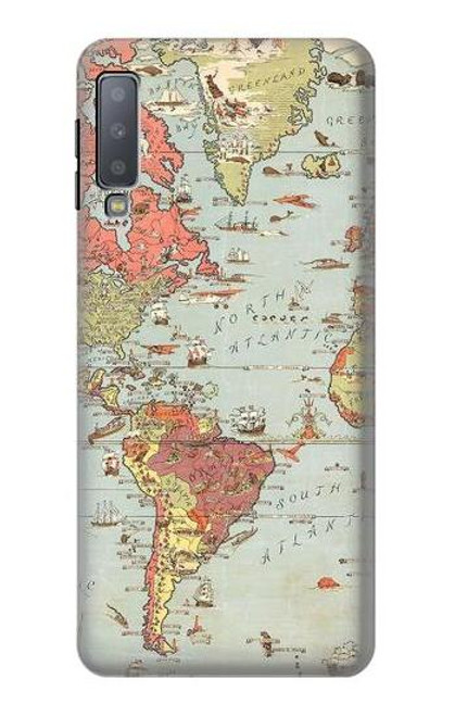 W3418 Vintage World Map Funda Carcasa Case y Caso Del Tirón Funda para Samsung Galaxy A7 (2018)