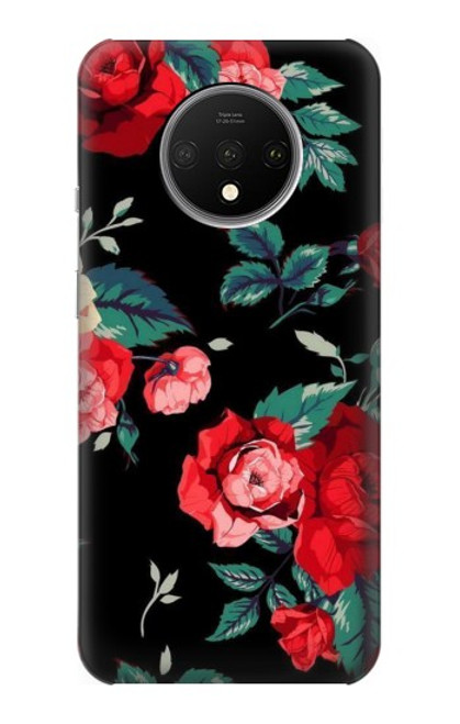 W3112 Rose Floral Pattern Black Funda Carcasa Case y Caso Del Tirón Funda para OnePlus 7T