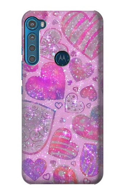 W3710 Pink Love Heart Funda Carcasa Case y Caso Del Tirón Funda para Motorola One Fusion+