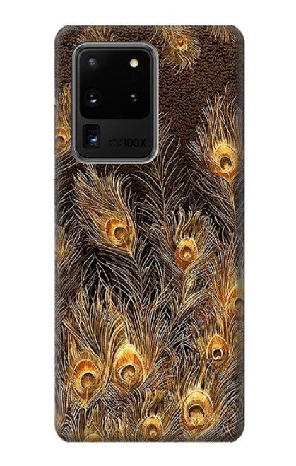 W3691 Gold Peacock Feather Funda Carcasa Case y Caso Del Tirón Funda para Samsung Galaxy S20 Ultra