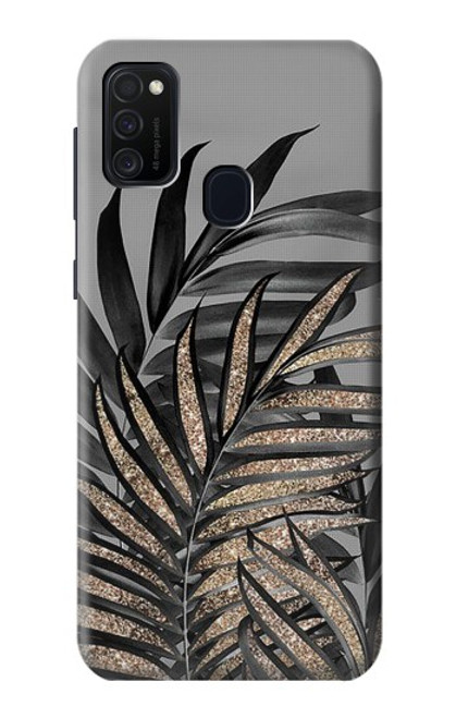 W3692 Gray Black Palm Leaves Funda Carcasa Case y Caso Del Tirón Funda para Samsung Galaxy M21