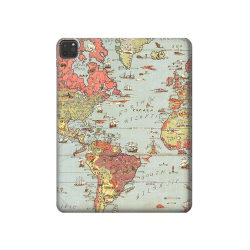 W3418 Vintage World Map Funda Carcasa Case para iPad Pro 11 (2021,2020,2018, 3rd, 2nd, 1st)