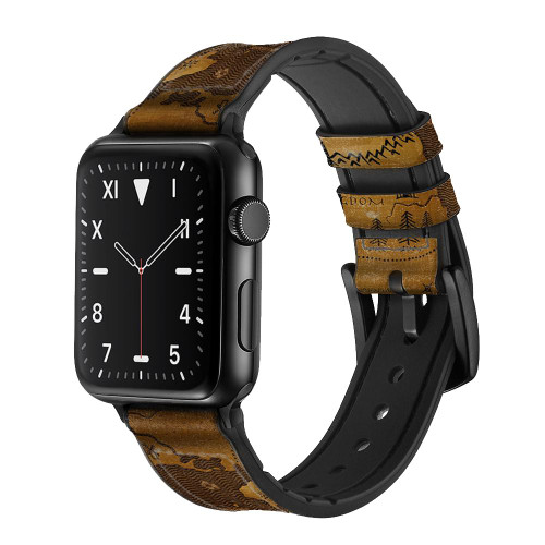 CA0475 Antique World Map Leather & Silicone Smart Watch Band Strap For Apple Watch iWatch