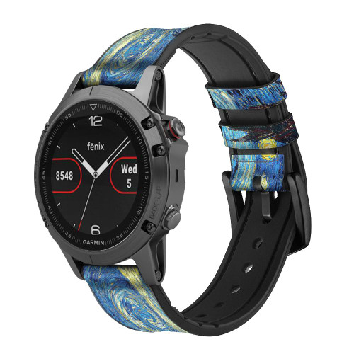 CA0021 Van Gogh Starry Nights Correa de reloj inteligente de silicona y cuero para Garmin Smartwatch