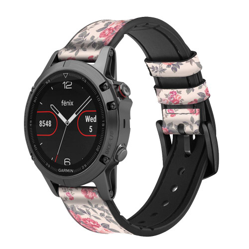 CA0575 Vintage Rose Pattern Correa de reloj inteligente de silicona y cuero para Garmin Smartwatch