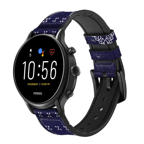 CA0670 Navy Blue Bandana Pattern Correa de reloj inteligente de silicona y cuero para Fossil Smartwatch