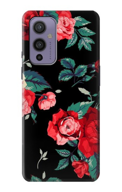 W3112 Rose Floral Pattern Black Funda Carcasa Case y Caso Del Tirón Funda para OnePlus 9