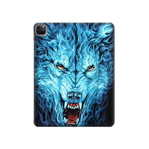 W0752 Blue Fire Grim Wolf Funda Carcasa Case para iPad Pro 12.9 (2022,2021,2020,2018, 3rd, 4th, 5th, 6th)