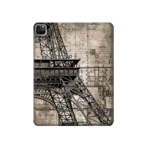 W3416 Eiffel Tower Blueprint Funda Carcasa Case para iPad Pro 12.9 (2022,2021,2020,2018, 3rd, 4th, 5th, 6th)
