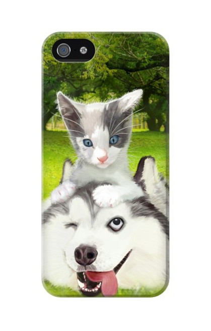 W3795 Grumpy Kitten Cat Playful Siberian Husky Dog Paint Funda Carcasa Case y Caso Del Tirón Funda para iPhone 5 5S SE