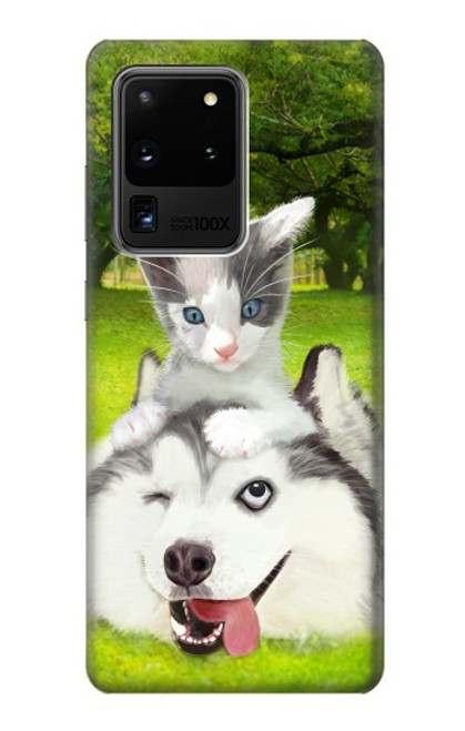 W3795 Grumpy Kitten Cat Playful Siberian Husky Dog Paint Funda Carcasa Case y Caso Del Tirón Funda para Samsung Galaxy S20 Ultra