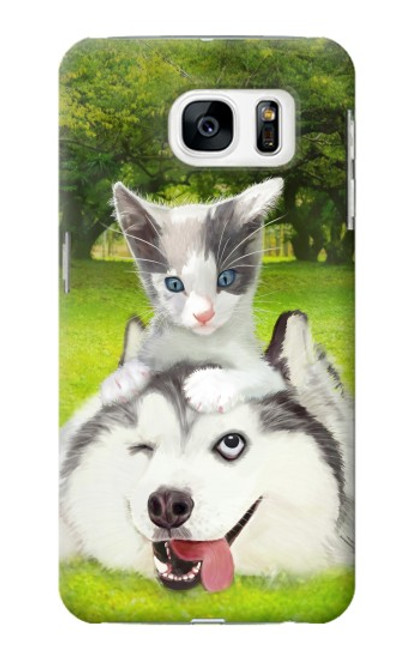W3795 Grumpy Kitten Cat Playful Siberian Husky Dog Paint Funda Carcasa Case y Caso Del Tirón Funda para Samsung Galaxy S7
