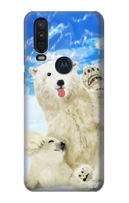 W3794 Arctic Polar Bear in Love with Seal Paint Funda Carcasa Case y Caso Del Tirón Funda para Motorola One Action (Moto P40 Power)