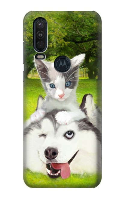 W3795 Grumpy Kitten Cat Playful Siberian Husky Dog Paint Funda Carcasa Case y Caso Del Tirón Funda para Motorola One Action (Moto P40 Power)