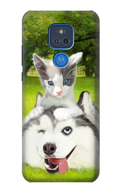 W3795 Grumpy Kitten Cat Playful Siberian Husky Dog Paint Funda Carcasa Case y Caso Del Tirón Funda para Motorola Moto G Play (2021)