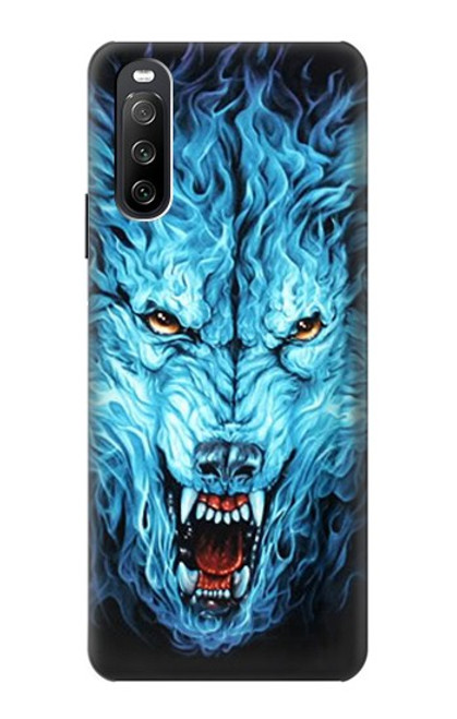 W0752 Blue Fire Grim Wolf Funda Carcasa Case y Caso Del Tirón Funda para Sony Xperia 10 III Lite