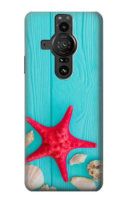 W3428 Aqua Wood Starfish Shell Funda Carcasa Case y Caso Del Tirón Funda para Sony Xperia Pro-I