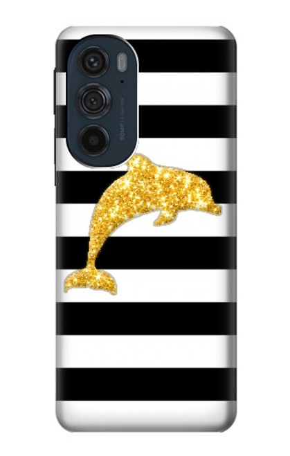 W2882 Black and White Striped Gold Dolphin Funda Carcasa Case y Caso Del Tirón Funda para Motorola Edge 30 Pro