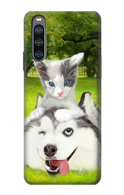 W3795 Kitten Cat Playful Siberian Husky Dog Paint Funda Carcasa Case y Caso Del Tirón Funda para Sony Xperia 10 IV