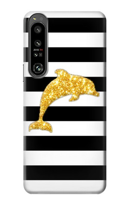W2882 Black and White Striped Gold Dolphin Funda Carcasa Case y Caso Del Tirón Funda para Sony Xperia 1 IV