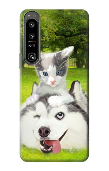 W3795 Kitten Cat Playful Siberian Husky Dog Paint Funda Carcasa Case y Caso Del Tirón Funda para Sony Xperia 1 IV