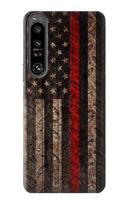 W3804 Fire Fighter Metal Red Line Flag Graphic Funda Carcasa Case y Caso Del Tirón Funda para Sony Xperia 1 IV