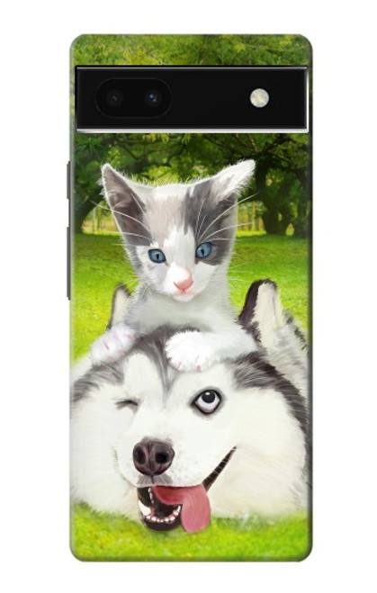 W3795 Kitten Cat Playful Siberian Husky Dog Paint Funda Carcasa Case y Caso Del Tirón Funda para Google Pixel 6a