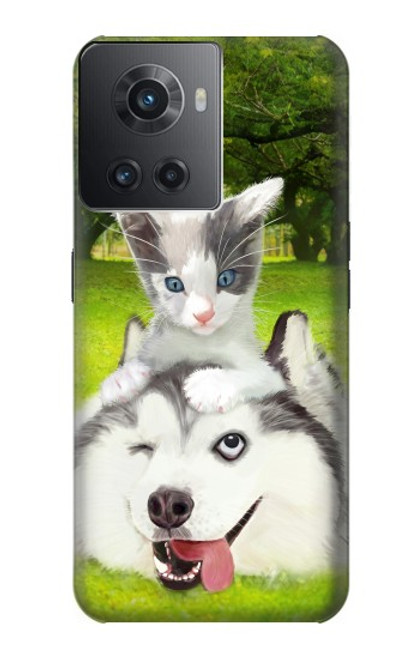 W3795 Kitten Cat Playful Siberian Husky Dog Paint Funda Carcasa Case y Caso Del Tirón Funda para OnePlus 10R