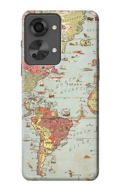 W3418 Vintage World Map Funda Carcasa Case y Caso Del Tirón Funda para OnePlus Nord 2T