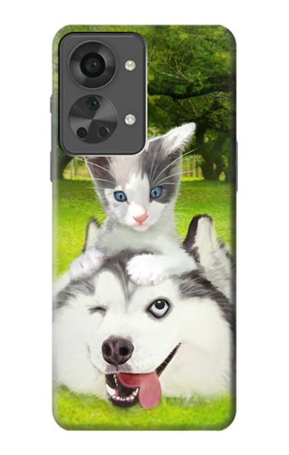 W3795 Kitten Cat Playful Siberian Husky Dog Paint Funda Carcasa Case y Caso Del Tirón Funda para OnePlus Nord 2T