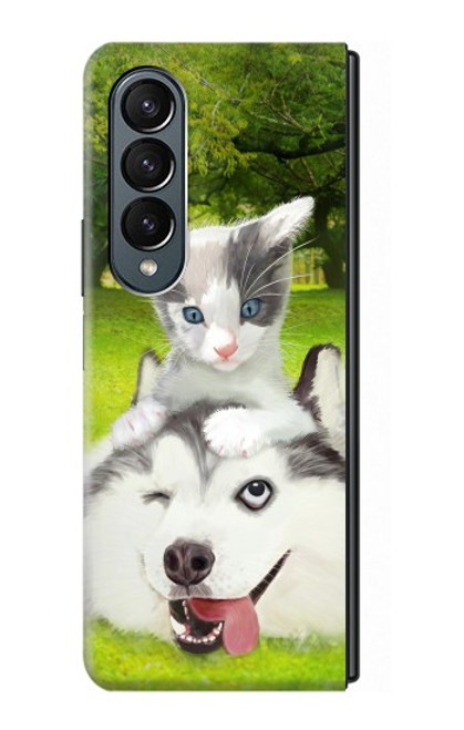 W3795 Kitten Cat Playful Siberian Husky Dog Paint Funda Carcasa Case y Caso Del Tirón Funda para Samsung Galaxy Z Fold 4