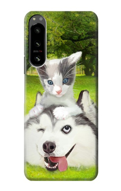 W3795 Kitten Cat Playful Siberian Husky Dog Paint Funda Carcasa Case y Caso Del Tirón Funda para Sony Xperia 5 IV